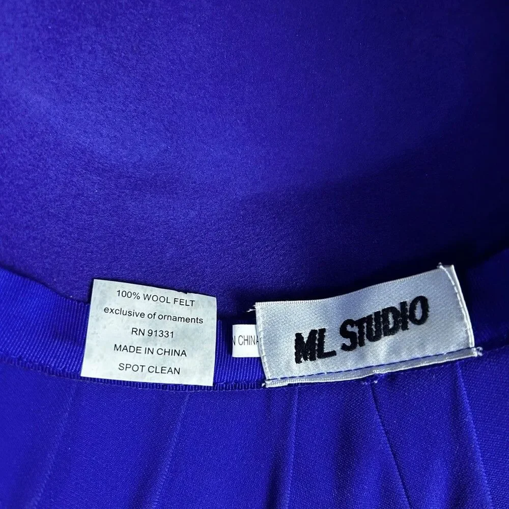 ML Studio Royal Blue Wool Felt Church Hat Beaded Feather Accent Dress Derby Hat